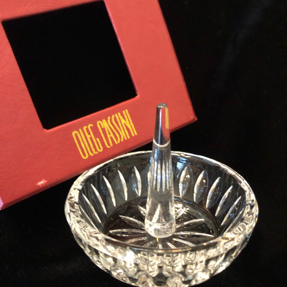 Oleg Cassini NEW Crystal Ring holder dish w/box and instructions, clear, vintage